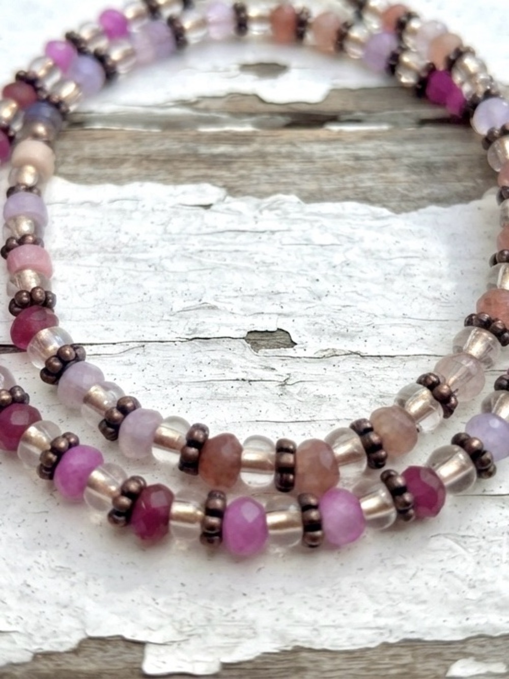 Handmade Pink and Purple Beaded Double Wrap Stretchy Bracelet